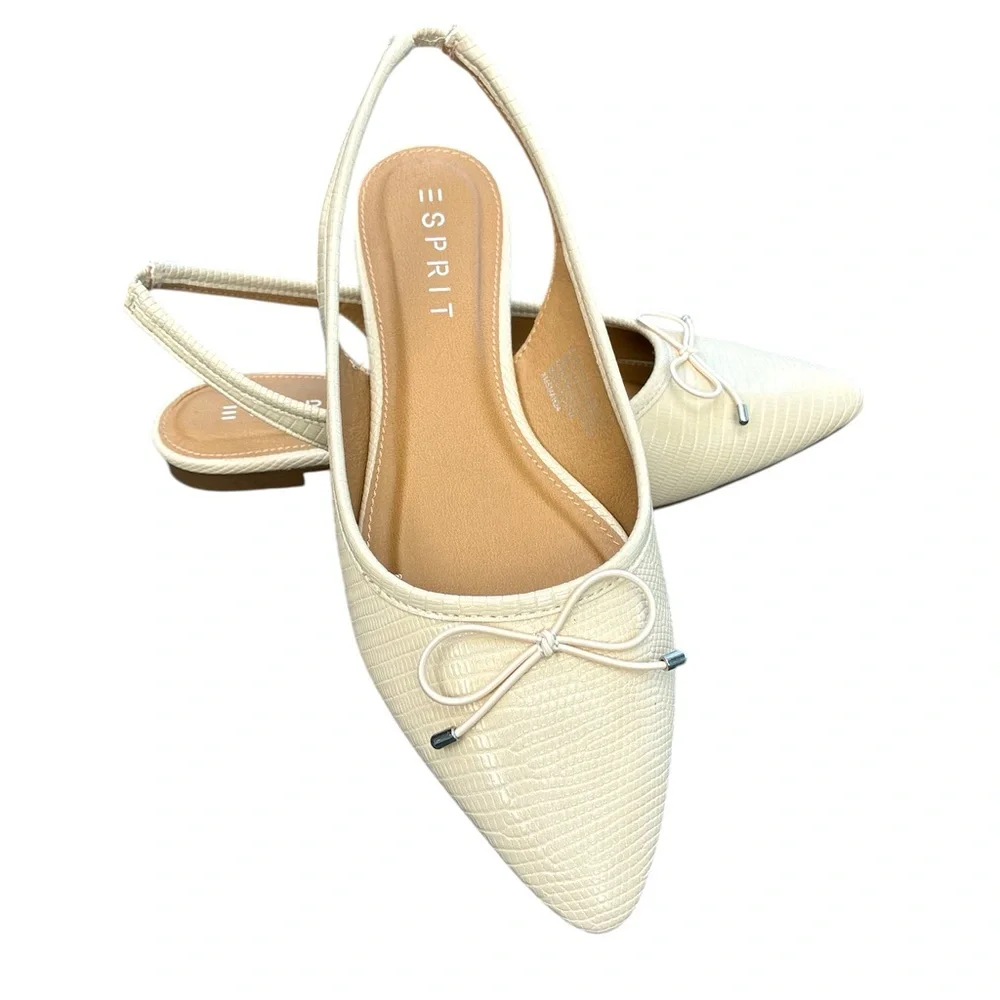 Esprit Petria Pointed-Toe Slingback Flats Slip On Ivory Lizard Cream Sz 8.5 New
